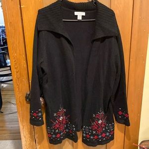 Women’s Christopher and Banks Black Embroidered Patterned Open Cardigan,Size XL